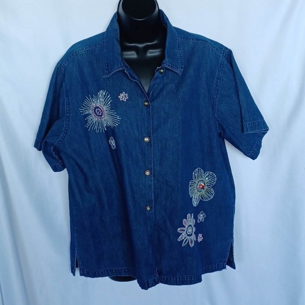 New Direction Beaded Embroidered Denim button-down Short Sleeve shirt, L